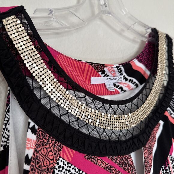 Women’s Liquid Knit Dress Embellished Multicolor Long Sleeveless Geometric Sz L - Picture 6 of 16